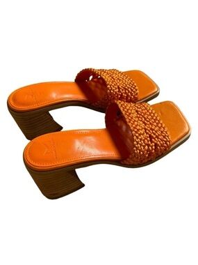 NEW Marc Fisher Jaxxon Square Toe Heeled Sandals 5.5 Orange Woven Strap Coastal